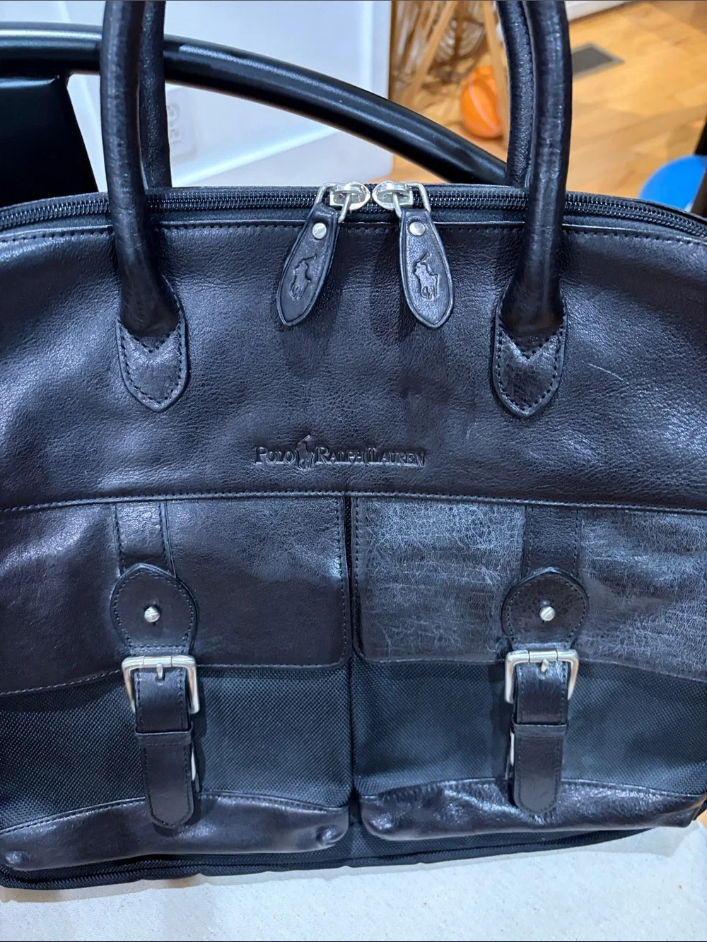 Vintage Polo by Ralph Lauren Black Leather & Nylon Two-Pocket Laptop Briefcase